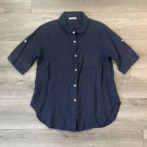 Elena Baldi Made In Italy Womens M Button Up Linen Shirt Navy Blue